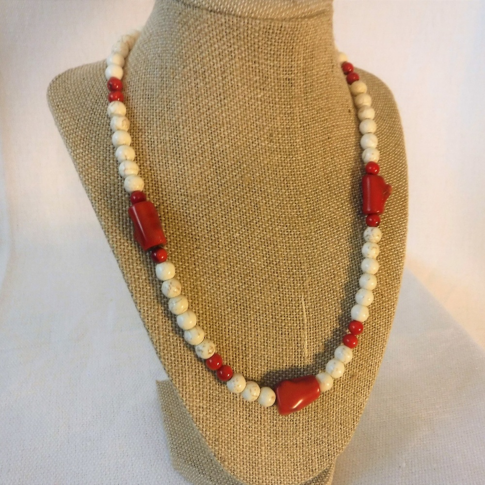 Handmade Necklace, Red Coral and Cream Beads 20"